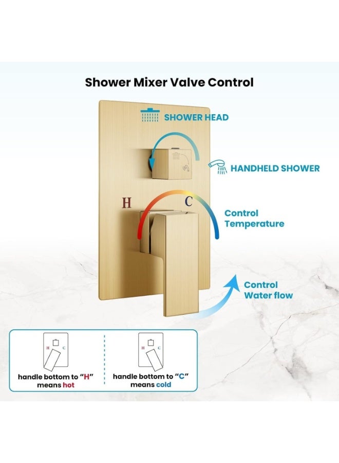 ALMIFTAH Rainfall Shower System with 10-Inch Brushed Gold Rain Shower Head & Handheld – Wall Mounted Bathroom Combo Set with Solid Brass Pressure Balance Valve – Luxury Full Body Shower Fixture for Modern Bathrooms - Image 3